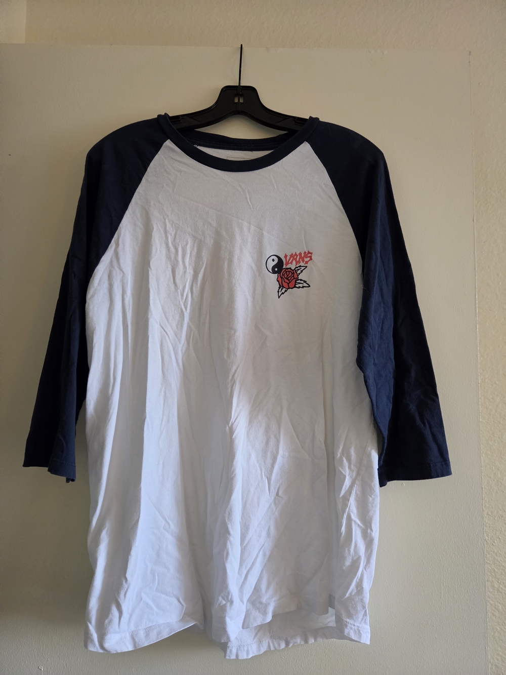 Vans White and Navy Raglan Short-Sleeve Tee with Rose Yin-Yang Graphic